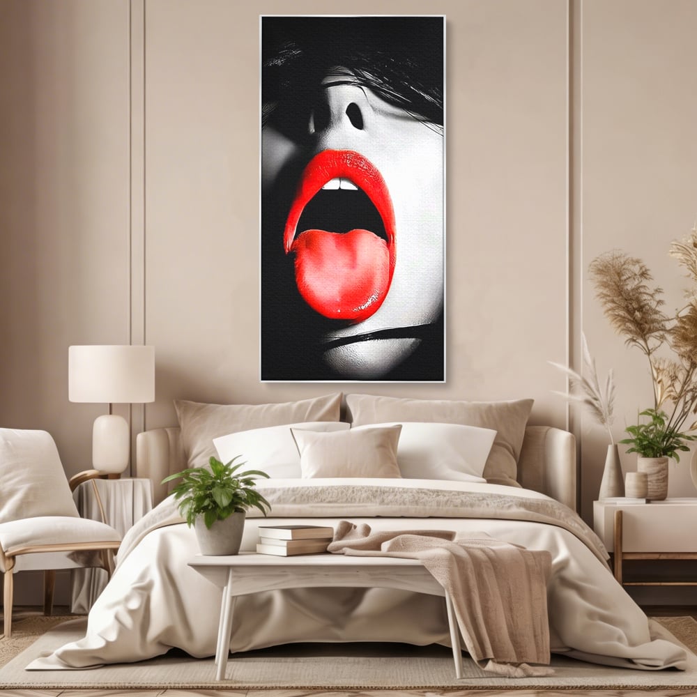 Leinwand Premium Canvas Wandbilder, LuxCanva® P1024, Geschmack der Begierde, Lippen, Lippenstift, Rot, Weiß, Schwarz, Provokativ, Leidenschaftlich, Versuchung, Kuss, Schlafzimmer, Wohnzimmer