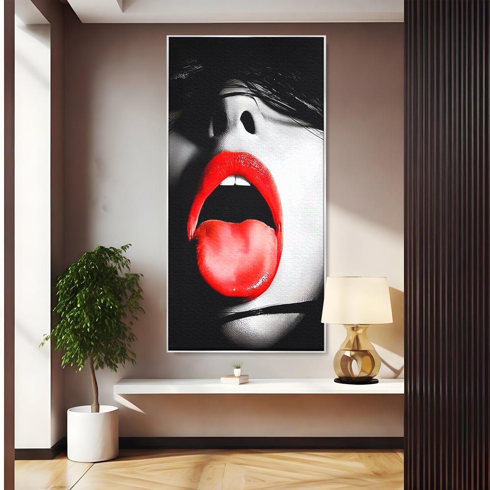 Leinwand Premium Canvas Wandbilder, LuxCanva® P1024, Geschmack der Begierde, Lippen, Lippenstift, Rot, Weiß, Schwarz, Provokativ, Leidenschaftlich, Versuchung, Kuss, Schlafzimmer, Wohnzimmer