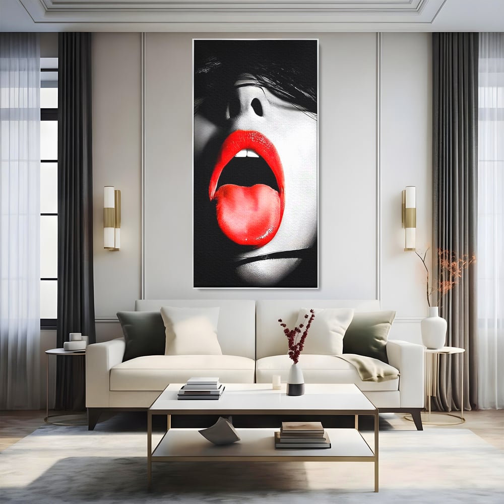 Leinwand Premium Canvas Wandbilder, LuxCanva® P1024, Geschmack der Begierde, Lippen, Lippenstift, Rot, Weiß, Schwarz, Provokativ, Leidenschaftlich, Versuchung, Kuss, Schlafzimmer, Wohnzimmer