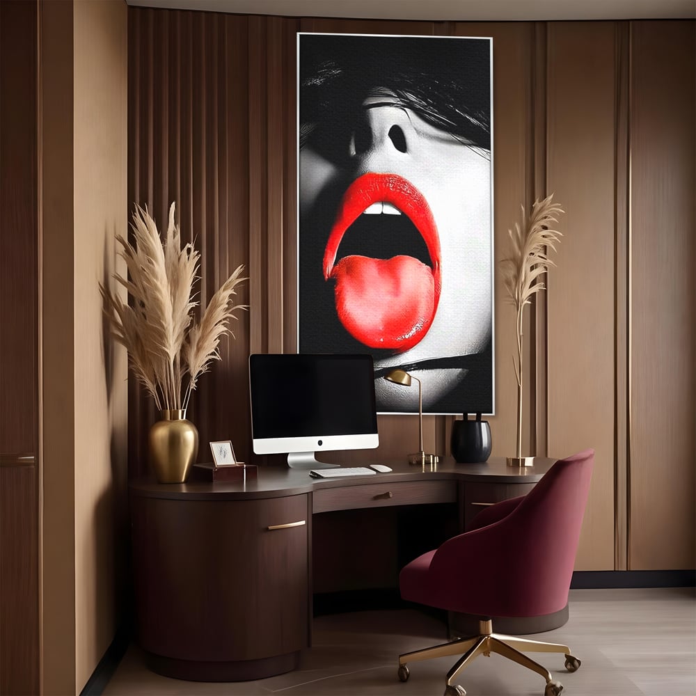 Leinwand Premium Canvas Wandbilder, LuxCanva® P1024, Geschmack der Begierde, Lippen, Lippenstift, Rot, Weiß, Schwarz, Provokativ, Leidenschaftlich, Versuchung, Kuss, Schlafzimmer, Wohnzimmer