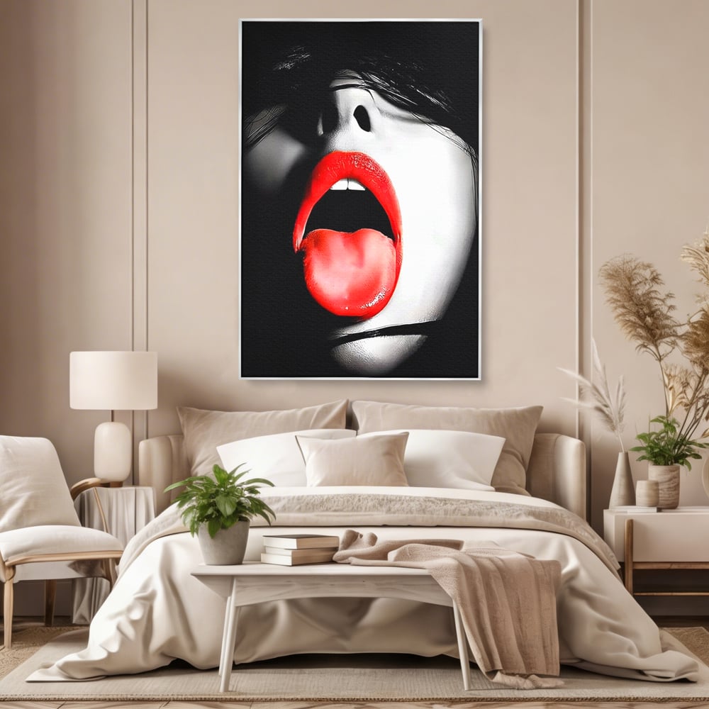 Leinwand Premium Canvas Wandbilder, LuxCanva® P1024, Geschmack der Begierde, Lippen, Lippenstift, Rot, Weiß, Schwarz, Provokativ, Leidenschaftlich, Versuchung, Kuss, Schlafzimmer, Wohnzimmer