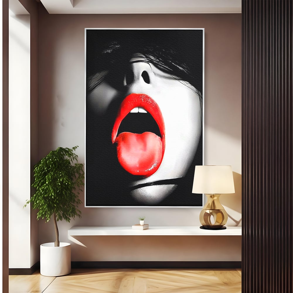 Leinwand Premium Canvas Wandbilder, LuxCanva® P1024, Geschmack der Begierde, Lippen, Lippenstift, Rot, Weiß, Schwarz, Provokativ, Leidenschaftlich, Versuchung, Kuss, Schlafzimmer, Wohnzimmer