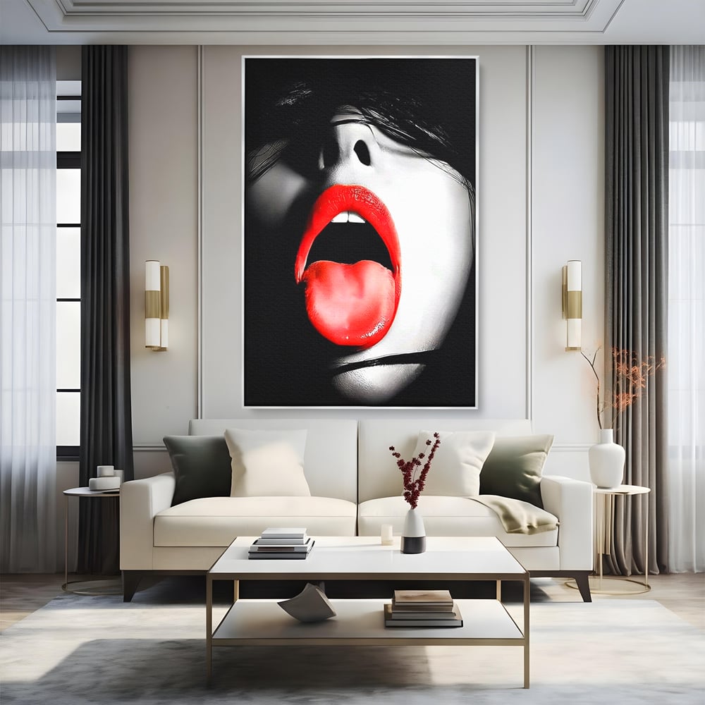 Leinwand Premium Canvas Wandbilder, LuxCanva® P1024, Geschmack der Begierde, Lippen, Lippenstift, Rot, Weiß, Schwarz, Provokativ, Leidenschaftlich, Versuchung, Kuss, Schlafzimmer, Wohnzimmer