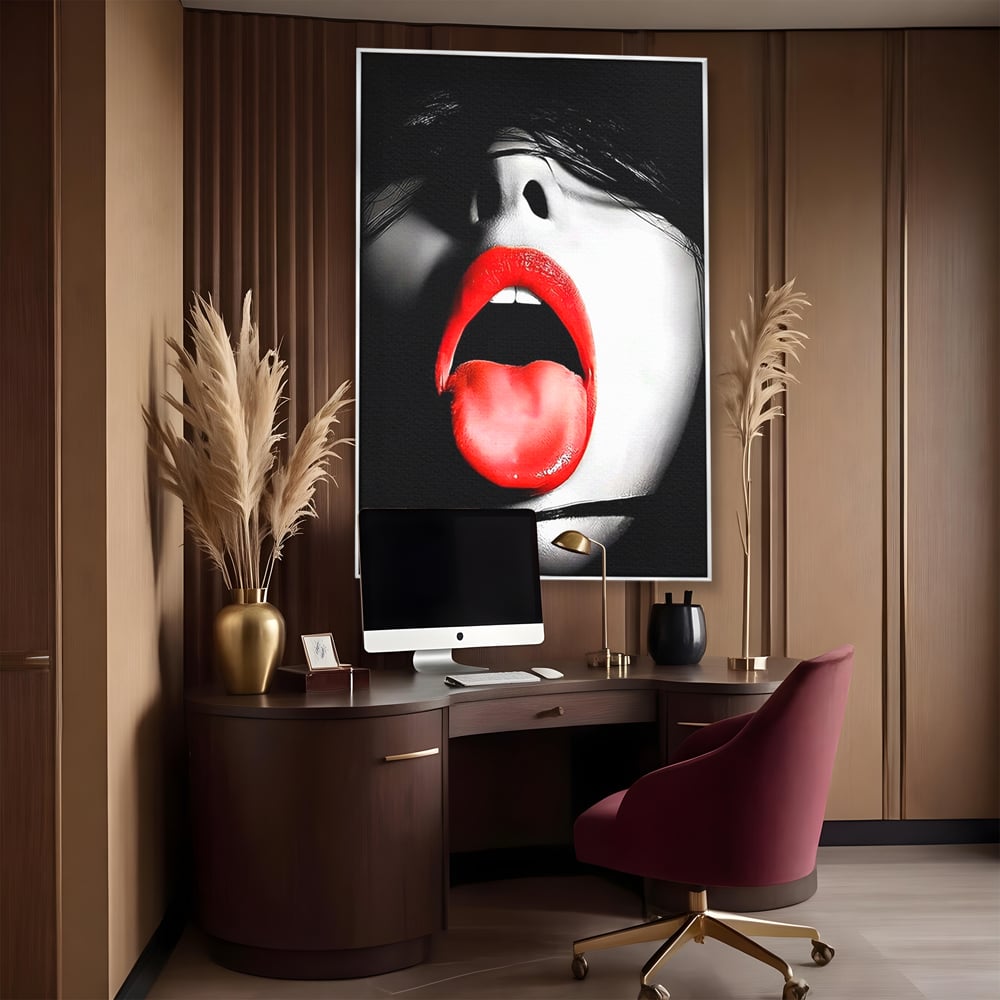 Leinwand Premium Canvas Wandbilder, LuxCanva® P1024, Geschmack der Begierde, Lippen, Lippenstift, Rot, Weiß, Schwarz, Provokativ, Leidenschaftlich, Versuchung, Kuss, Schlafzimmer, Wohnzimmer