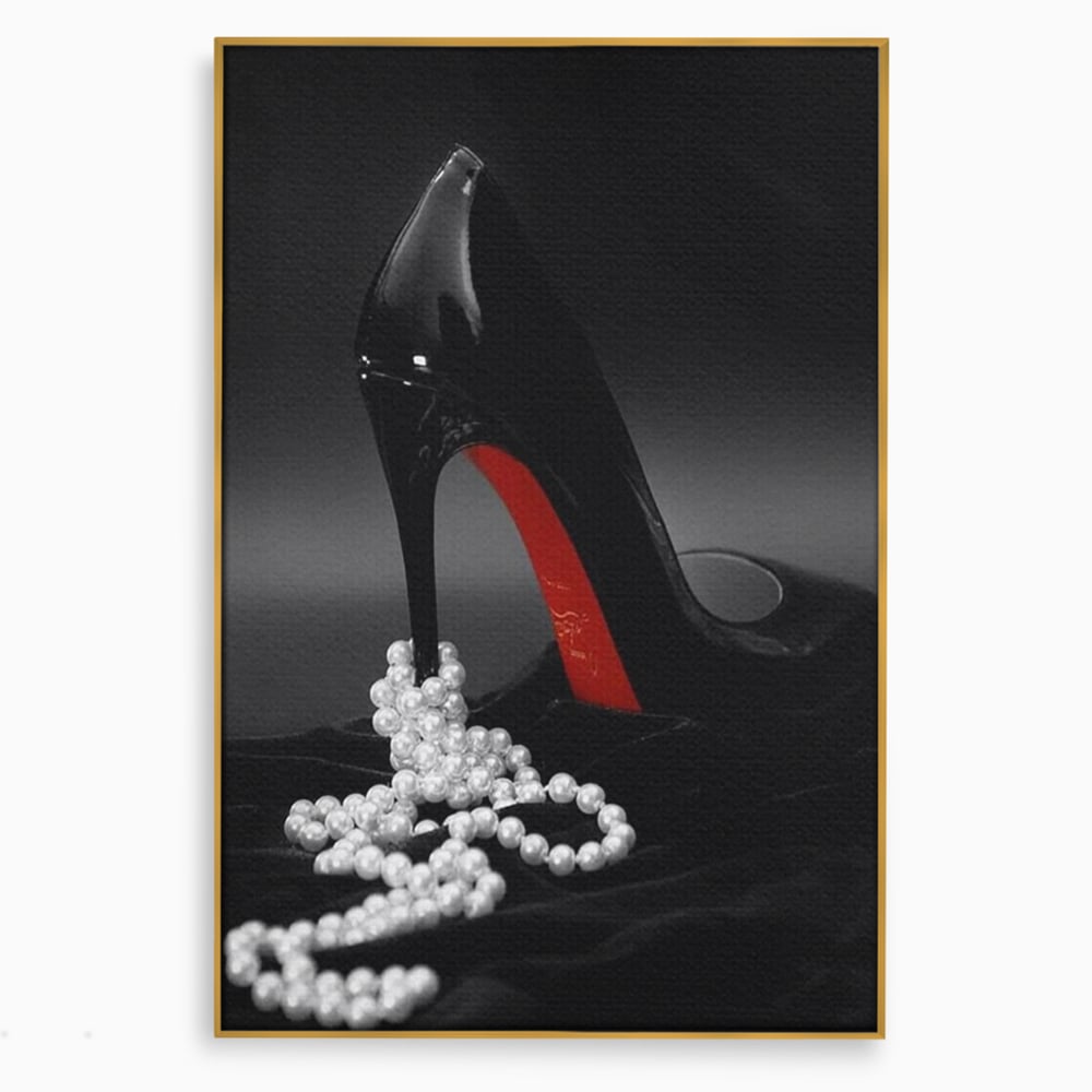 Tablou Canvas Premium, LuxCanva® P1025, In Urma unei Dame, Pantofi, Tocuri, Lux, Perle, Bijuterie, Catifea, Sexy, Feminin, Eleganta, Dormitor, Living