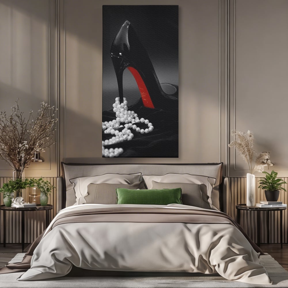 Tablou Canvas Premium, LuxCanva® P1025, In Urma unei Dame, Pantofi, Tocuri, Lux, Perle, Bijuterie, Catifea, Sexy, Feminin, Eleganta, Dormitor, Living