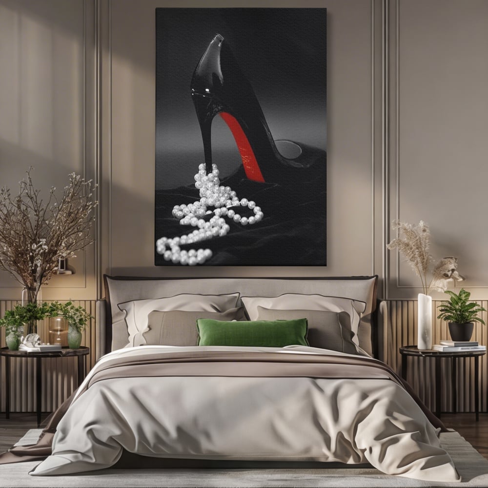 Tablou Canvas Premium, LuxCanva® P1025, In Urma unei Dame, Pantofi, Tocuri, Lux, Perle, Bijuterie, Catifea, Sexy, Feminin, Eleganta, Dormitor, Living