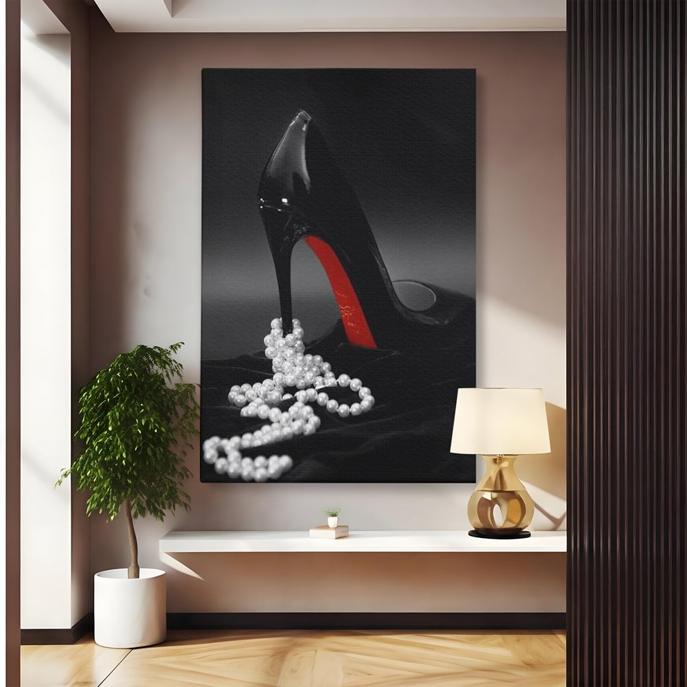 Tablou Canvas Premium, LuxCanva® P1025, In Urma unei Dame, Pantofi, Tocuri, Lux, Perle, Bijuterie, Catifea, Sexy, Feminin, Eleganta, Dormitor, Living
