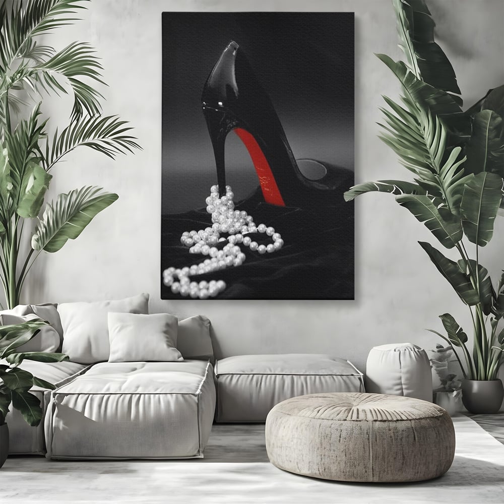 Tablou Canvas Premium, LuxCanva® P1025, In Urma unei Dame, Pantofi, Tocuri, Lux, Perle, Bijuterie, Catifea, Sexy, Feminin, Eleganta, Dormitor, Living
