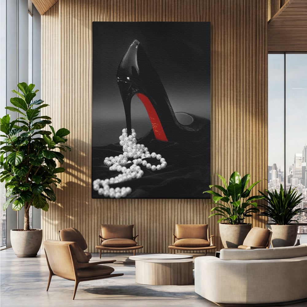 Tablou Canvas Premium, LuxCanva® P1025, In Urma unei Dame, Pantofi, Tocuri, Lux, Perle, Bijuterie, Catifea, Sexy, Feminin, Eleganta, Dormitor, Living