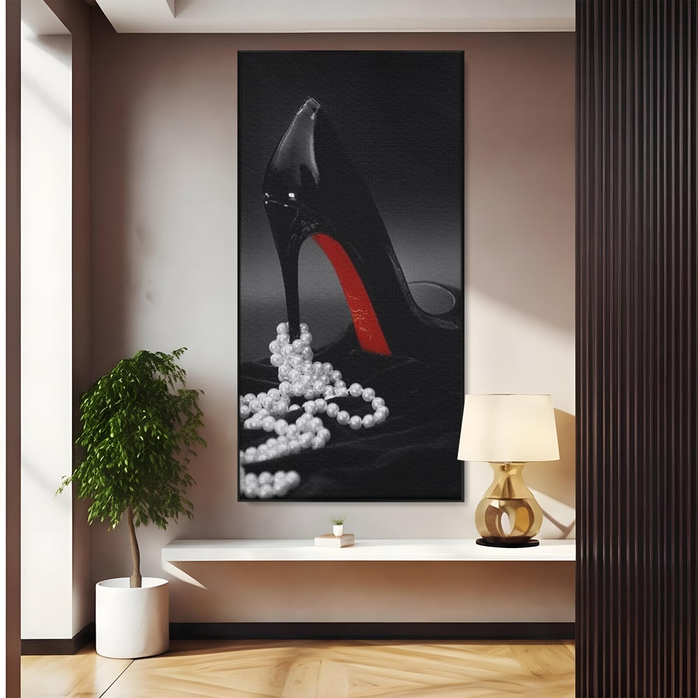 Tablou Canvas Premium, LuxCanva® P1025, In Urma unei Dame, Pantofi, Tocuri, Lux, Perle, Bijuterie, Catifea, Sexy, Feminin, Eleganta, Dormitor, Living