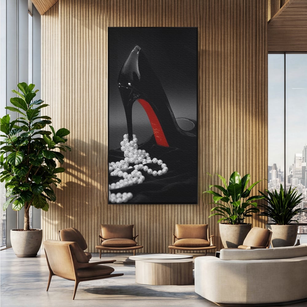 Tablou Canvas Premium, LuxCanva® P1025, In Urma unei Dame, Pantofi, Tocuri, Lux, Perle, Bijuterie, Catifea, Sexy, Feminin, Eleganta, Dormitor, Living