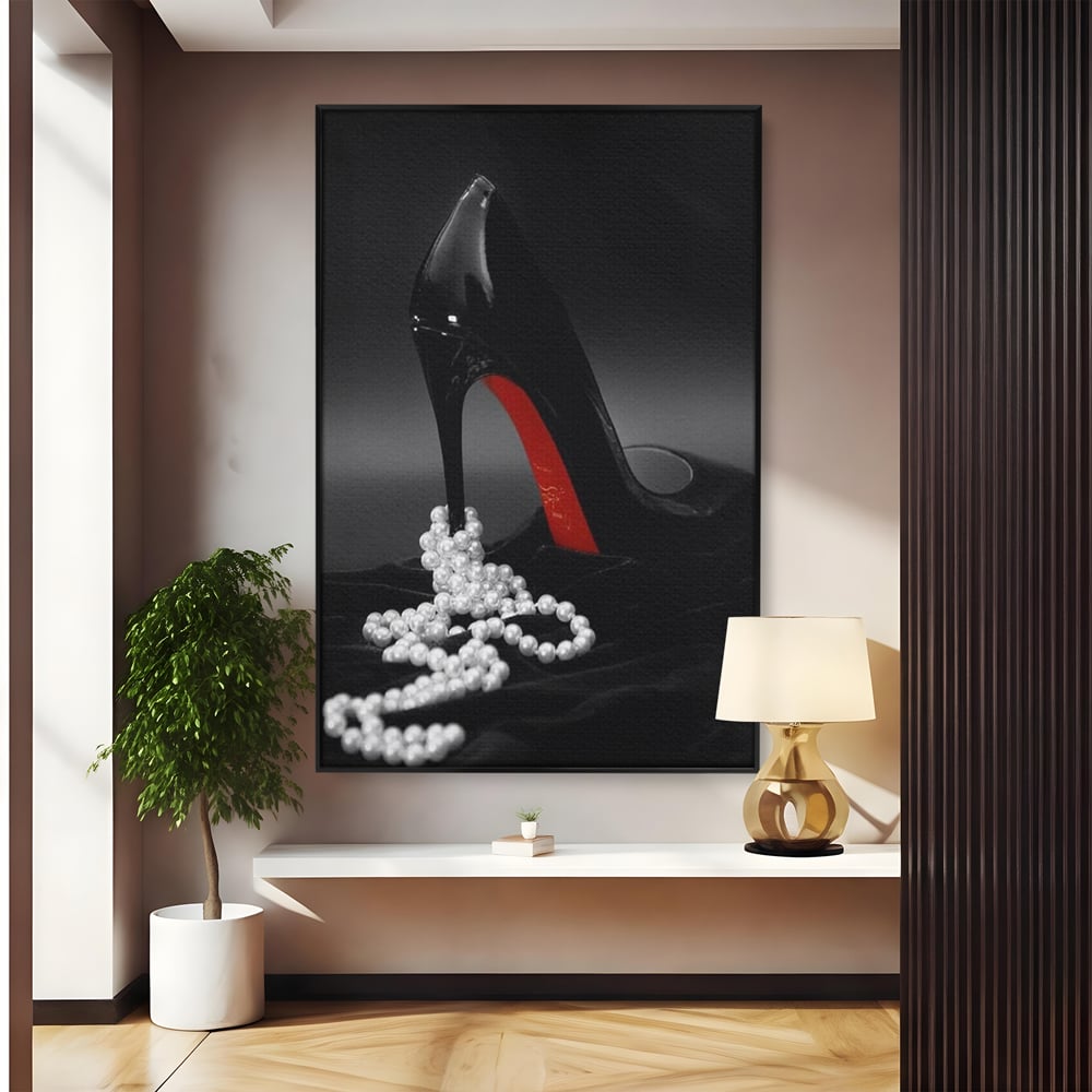 Tablou Canvas Premium, LuxCanva® P1025, In Urma unei Dame, Pantofi, Tocuri, Lux, Perle, Bijuterie, Catifea, Sexy, Feminin, Eleganta, Dormitor, Living