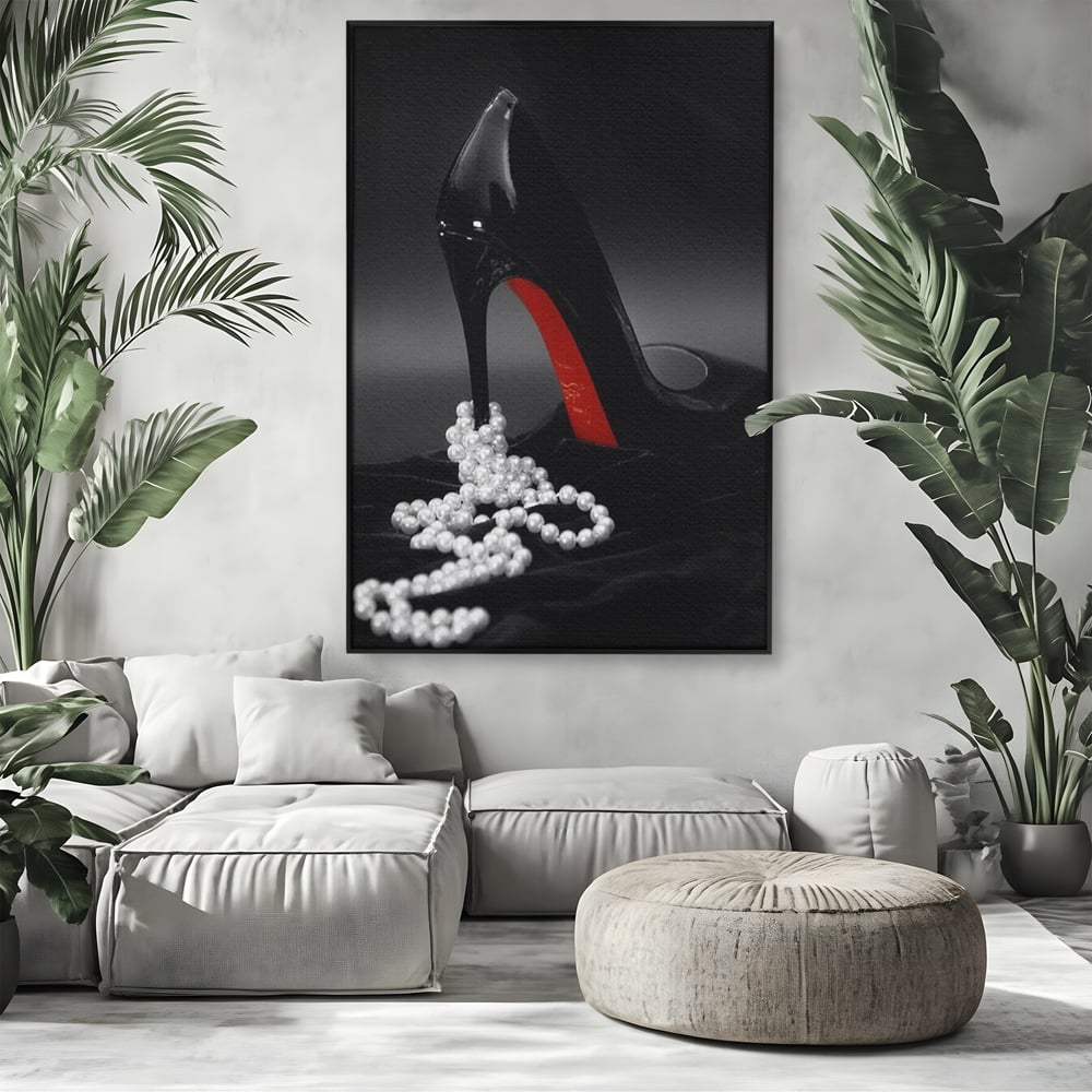 Tablou Canvas Premium, LuxCanva® P1025, In Urma unei Dame, Pantofi, Tocuri, Lux, Perle, Bijuterie, Catifea, Sexy, Feminin, Eleganta, Dormitor, Living