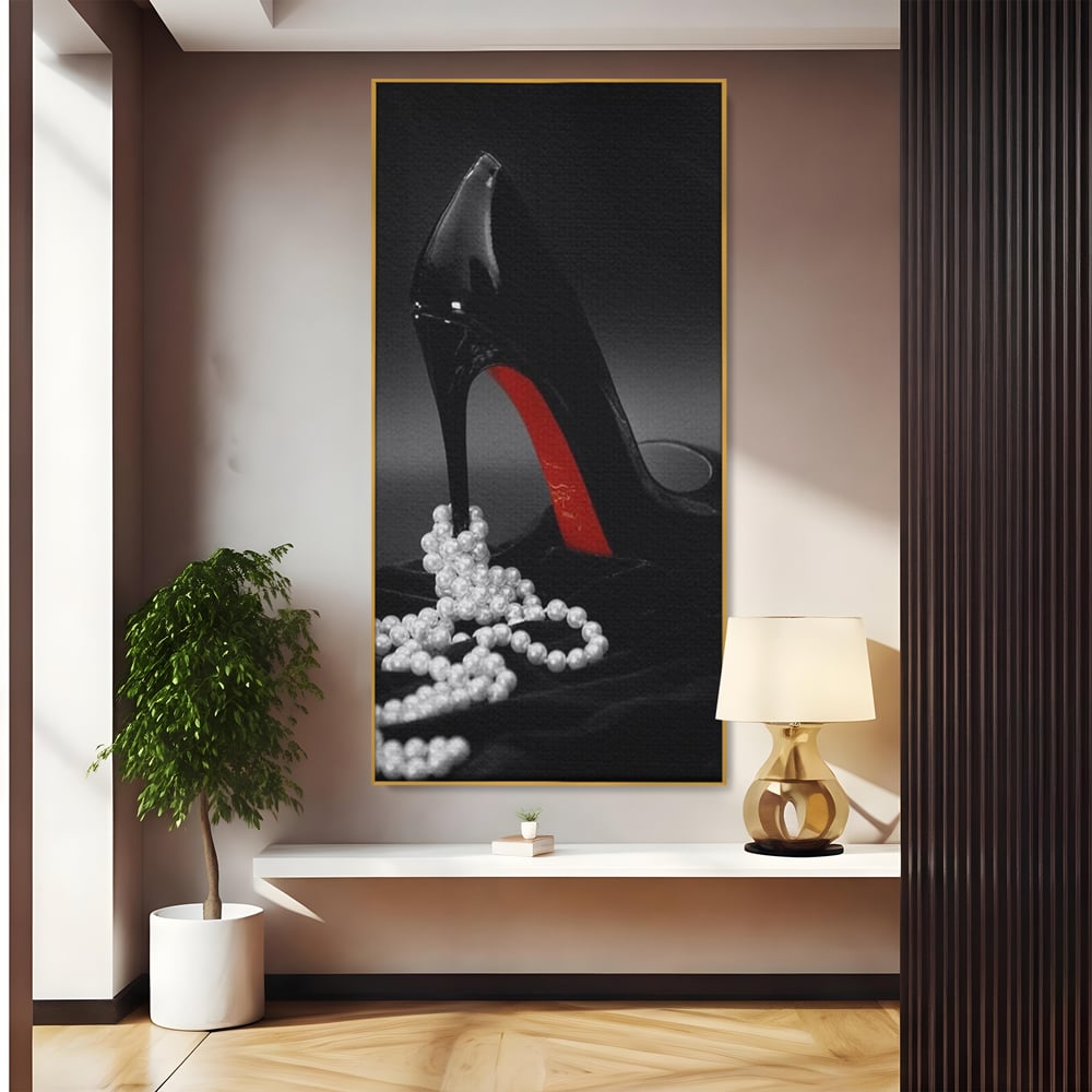 Tablou Canvas Premium, LuxCanva® P1025, In Urma unei Dame, Pantofi, Tocuri, Lux, Perle, Bijuterie, Catifea, Sexy, Feminin, Eleganta, Dormitor, Living