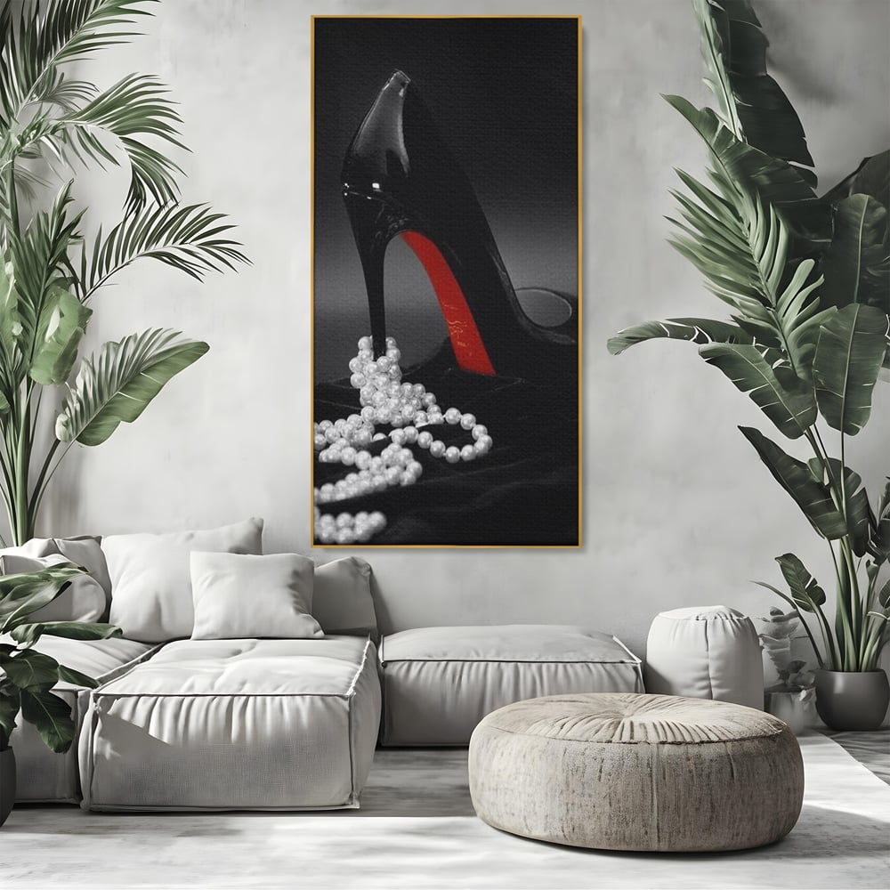 Tablou Canvas Premium, LuxCanva® P1025, In Urma unei Dame, Pantofi, Tocuri, Lux, Perle, Bijuterie, Catifea, Sexy, Feminin, Eleganta, Dormitor, Living