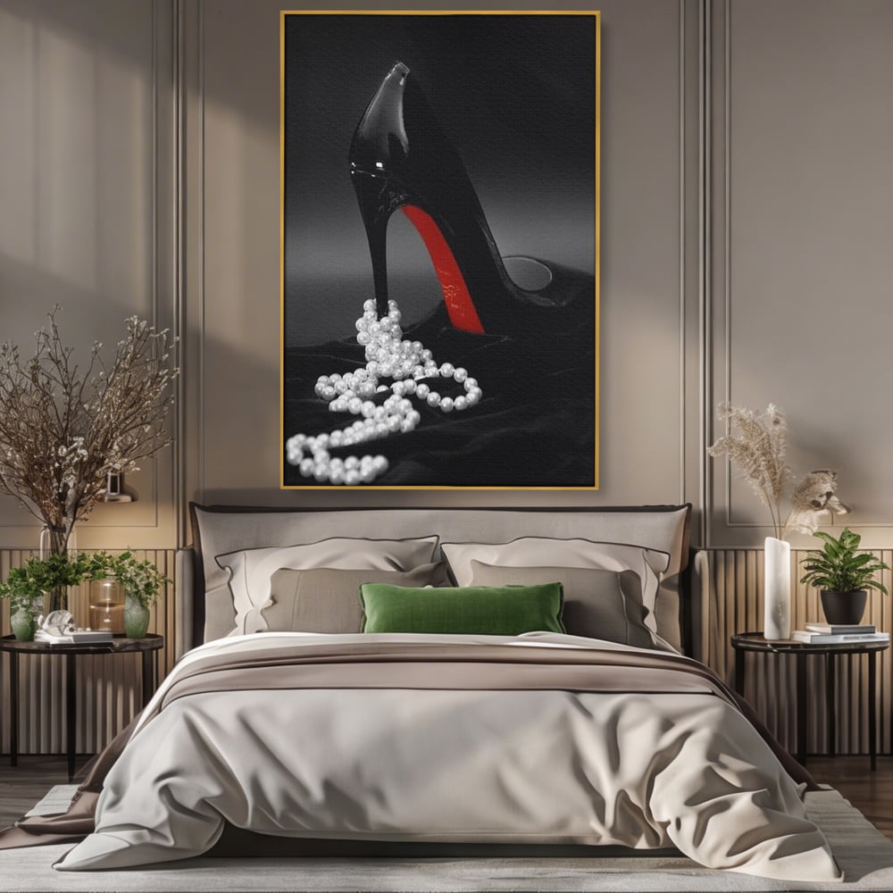 Tablou Canvas Premium, LuxCanva® P1025, In Urma unei Dame, Pantofi, Tocuri, Lux, Perle, Bijuterie, Catifea, Sexy, Feminin, Eleganta, Dormitor, Living
