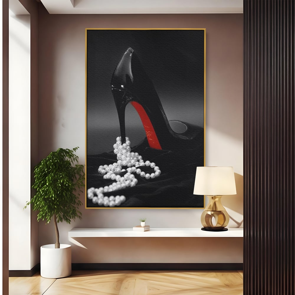 Tablou Canvas Premium, LuxCanva® P1025, In Urma unei Dame, Pantofi, Tocuri, Lux, Perle, Bijuterie, Catifea, Sexy, Feminin, Eleganta, Dormitor, Living