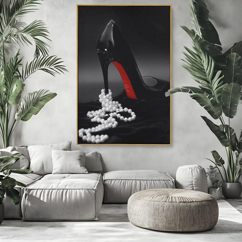 Tablou Canvas Premium, LuxCanva® P1025, In Urma unei Dame, Pantofi, Tocuri, Lux, Perle, Bijuterie, Catifea, Sexy, Feminin, Eleganta, Dormitor, Living