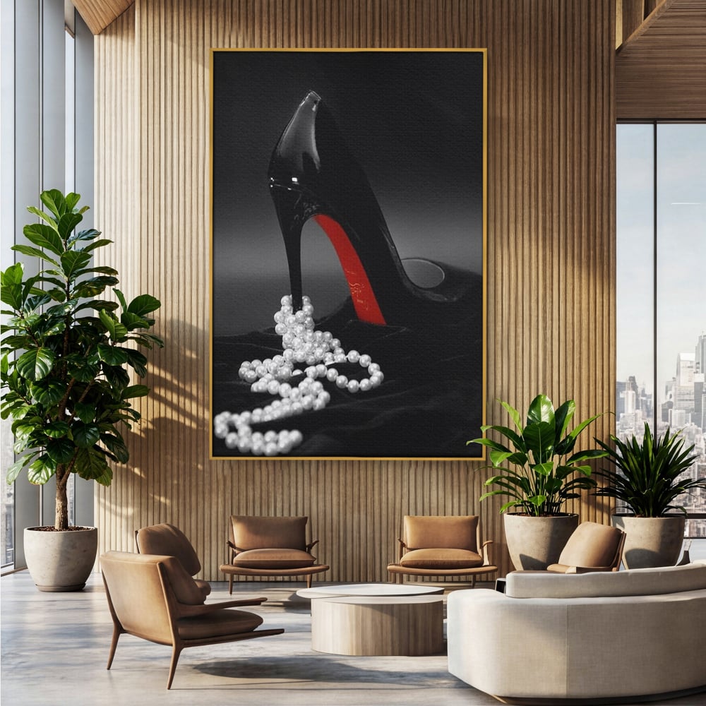 Tablou Canvas Premium, LuxCanva® P1025, In Urma unei Dame, Pantofi, Tocuri, Lux, Perle, Bijuterie, Catifea, Sexy, Feminin, Eleganta, Dormitor, Living
