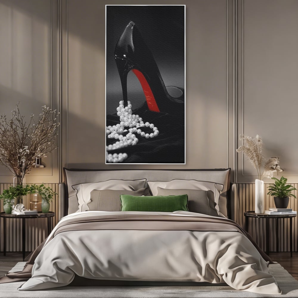Tablou Canvas Premium, LuxCanva® P1025, In Urma unei Dame, Pantofi, Tocuri, Lux, Perle, Bijuterie, Catifea, Sexy, Feminin, Eleganta, Dormitor, Living