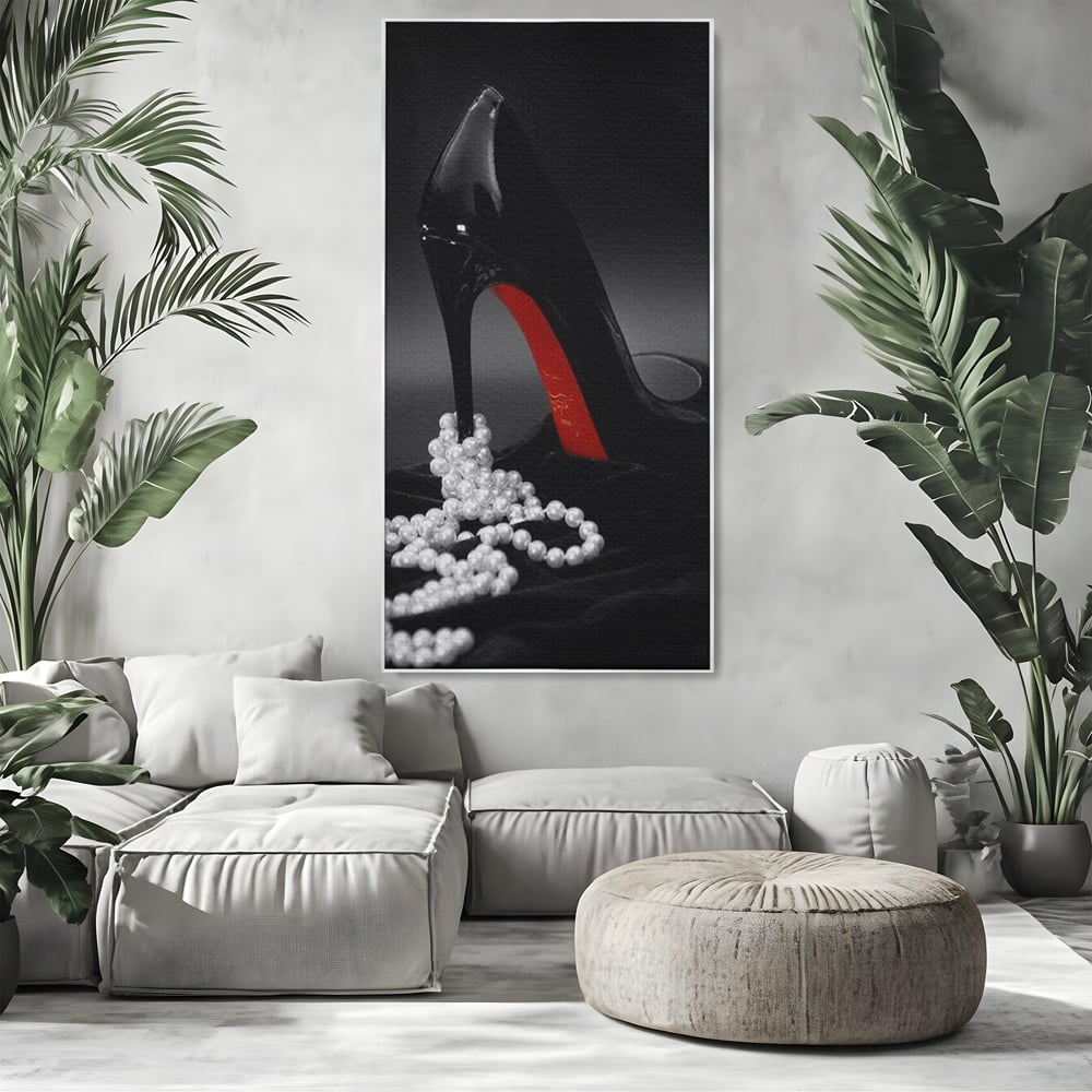 Tablou Canvas Premium, LuxCanva® P1025, In Urma unei Dame, Pantofi, Tocuri, Lux, Perle, Bijuterie, Catifea, Sexy, Feminin, Eleganta, Dormitor, Living