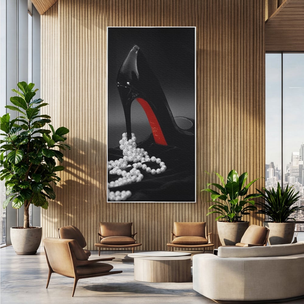 Tablou Canvas Premium, LuxCanva® P1025, In Urma unei Dame, Pantofi, Tocuri, Lux, Perle, Bijuterie, Catifea, Sexy, Feminin, Eleganta, Dormitor, Living