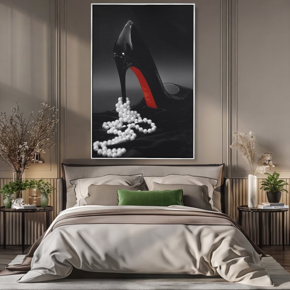 Tablou Canvas Premium, LuxCanva® P1025, In Urma unei Dame, Pantofi, Tocuri, Lux, Perle, Bijuterie, Catifea, Sexy, Feminin, Eleganta, Dormitor, Living