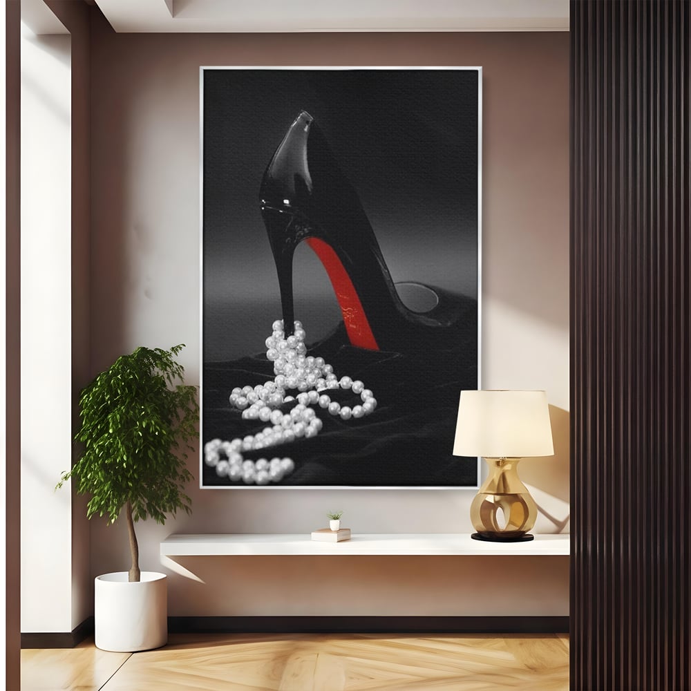 Tablou Canvas Premium, LuxCanva® P1025, In Urma unei Dame, Pantofi, Tocuri, Lux, Perle, Bijuterie, Catifea, Sexy, Feminin, Eleganta, Dormitor, Living