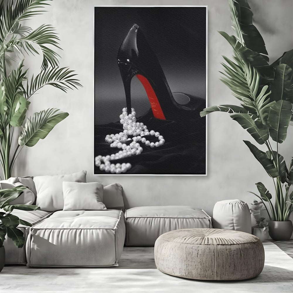 Tablou Canvas Premium, LuxCanva® P1025, In Urma unei Dame, Pantofi, Tocuri, Lux, Perle, Bijuterie, Catifea, Sexy, Feminin, Eleganta, Dormitor, Living