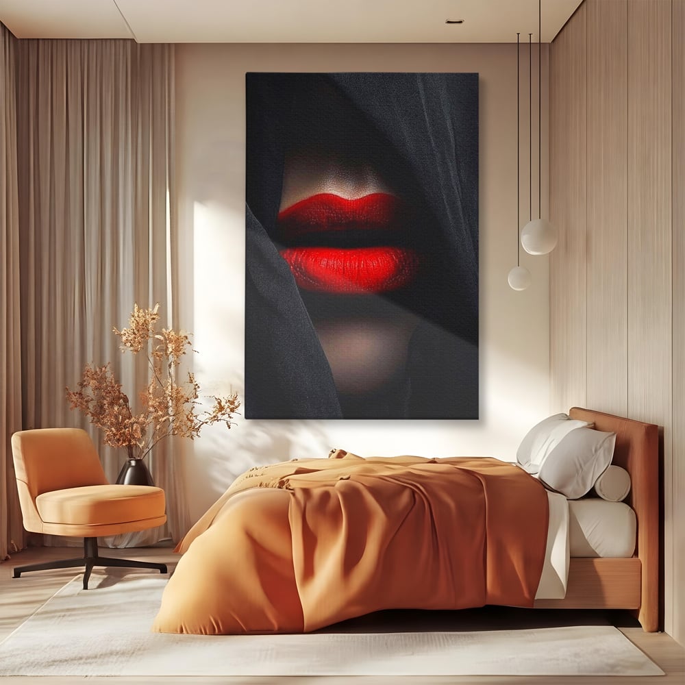 Tablou Canvas Premium, LuxCanva® P1027, Voalul Seductiei, Buze, Ruj, Rosu, Atractie, Pasional, Femeie, Mister, Sarut, Sexy, Dormitor, Living