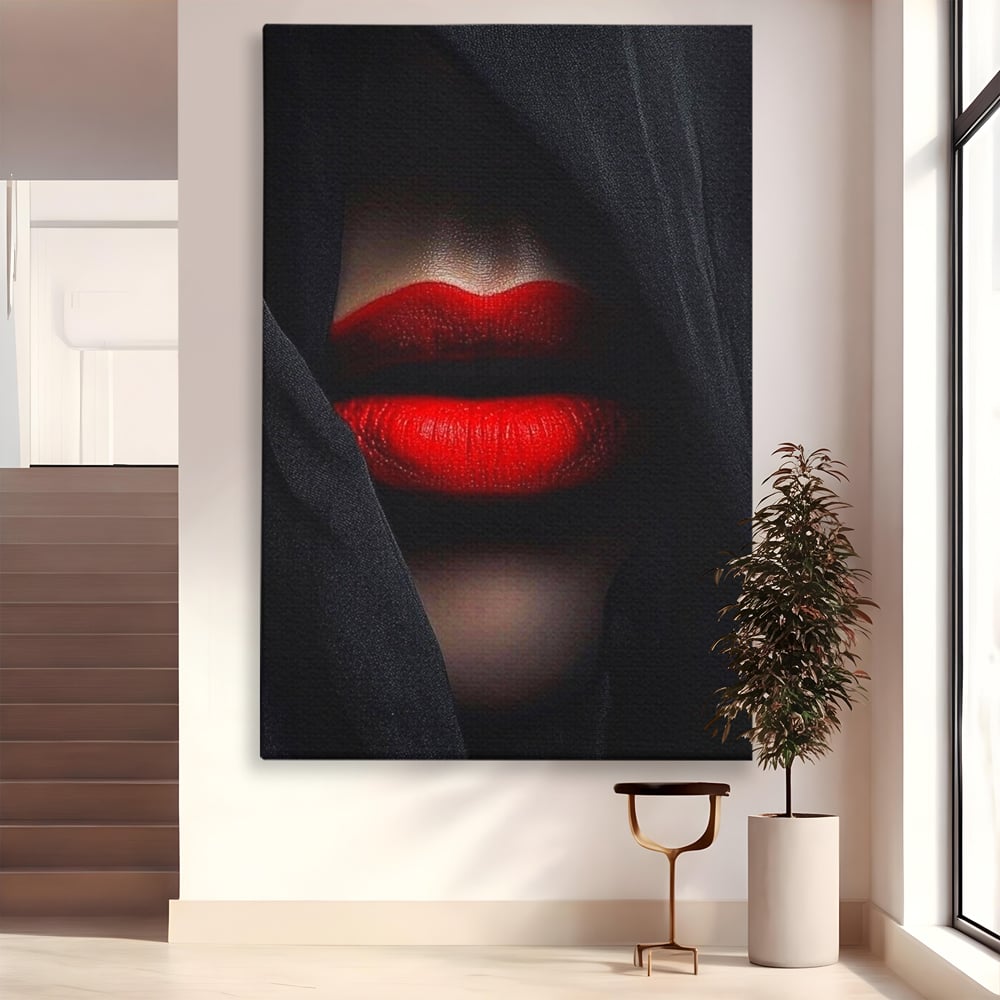 Tablou Canvas Premium, LuxCanva® P1027, Voalul Seductiei, Buze, Ruj, Rosu, Atractie, Pasional, Femeie, Mister, Sarut, Sexy, Dormitor, Living