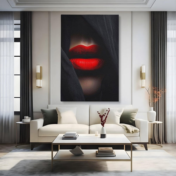 Tablou Canvas Premium, LuxCanva® P1027, Voalul Seductiei, Buze, Ruj, Rosu, Atractie, Pasional, Femeie, Mister, Sarut, Sexy, Dormitor, Living