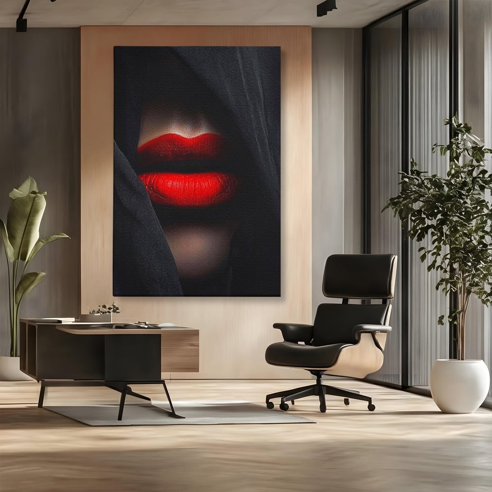Tablou Canvas Premium, LuxCanva® P1027, Voalul Seductiei, Buze, Ruj, Rosu, Atractie, Pasional, Femeie, Mister, Sarut, Sexy, Dormitor, Living