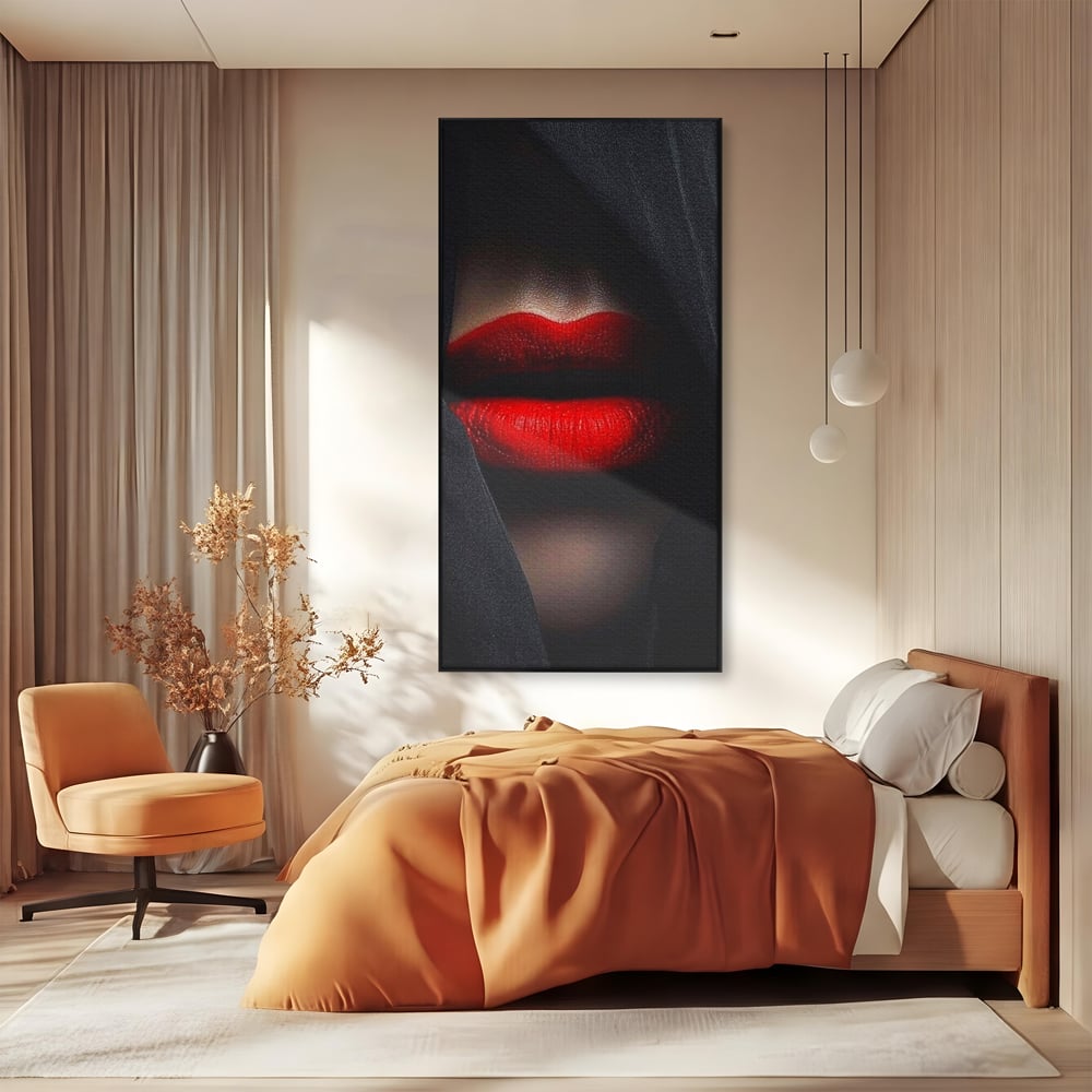 Tablou Canvas Premium, LuxCanva® P1027, Voalul Seductiei, Buze, Ruj, Rosu, Atractie, Pasional, Femeie, Mister, Sarut, Sexy, Dormitor, Living