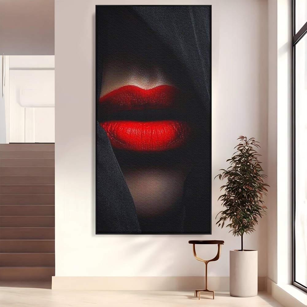 Tablou Canvas Premium, LuxCanva® P1027, Voalul Seductiei, Buze, Ruj, Rosu, Atractie, Pasional, Femeie, Mister, Sarut, Sexy, Dormitor, Living