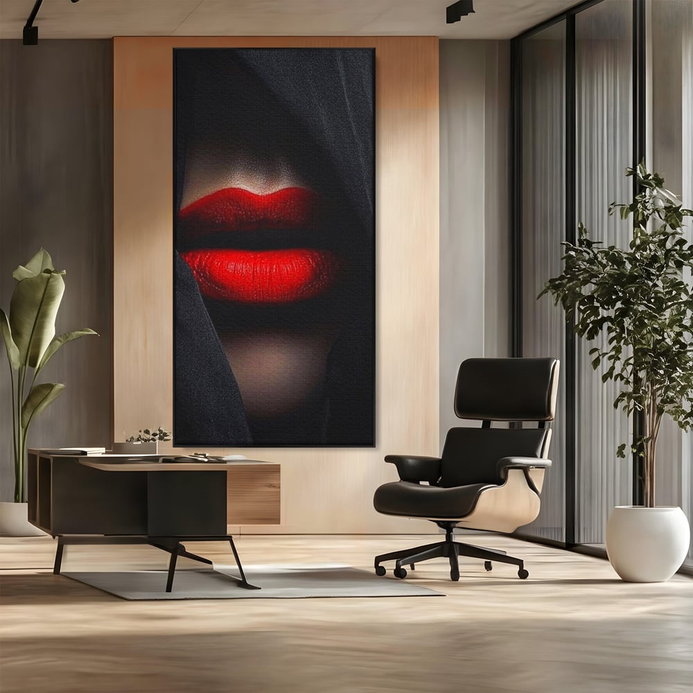 Tablou Canvas Premium, LuxCanva® P1027, Voalul Seductiei, Buze, Ruj, Rosu, Atractie, Pasional, Femeie, Mister, Sarut, Sexy, Dormitor, Living