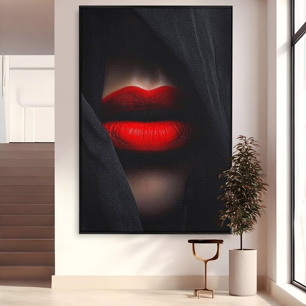 Tablou Canvas Premium, LuxCanva® P1027, Voalul Seductiei, Buze, Ruj, Rosu, Atractie, Pasional, Femeie, Mister, Sarut, Sexy, Dormitor, Living