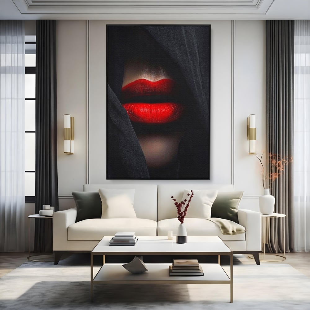 Tablou Canvas Premium, LuxCanva® P1027, Voalul Seductiei, Buze, Ruj, Rosu, Atractie, Pasional, Femeie, Mister, Sarut, Sexy, Dormitor, Living