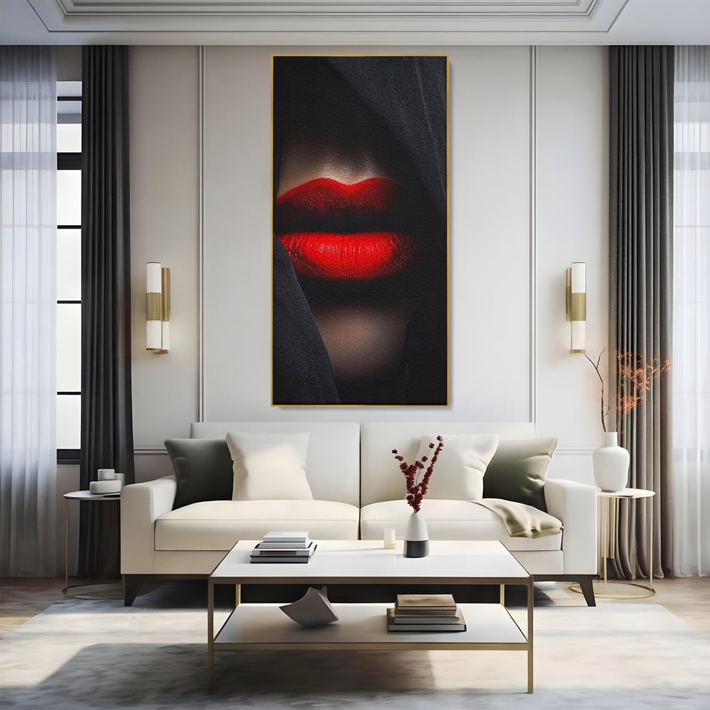Tablou Canvas Premium, LuxCanva® P1027, Voalul Seductiei, Buze, Ruj, Rosu, Atractie, Pasional, Femeie, Mister, Sarut, Sexy, Dormitor, Living