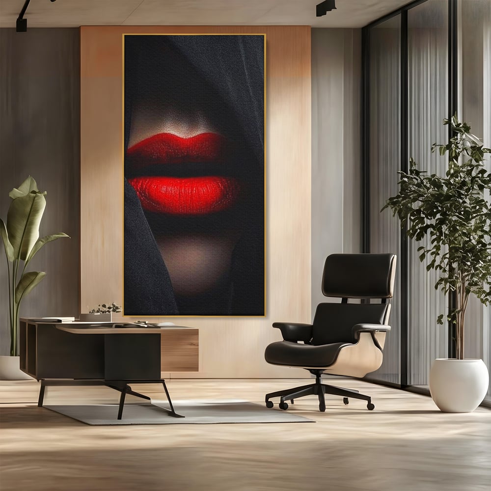 Tablou Canvas Premium, LuxCanva® P1027, Voalul Seductiei, Buze, Ruj, Rosu, Atractie, Pasional, Femeie, Mister, Sarut, Sexy, Dormitor, Living