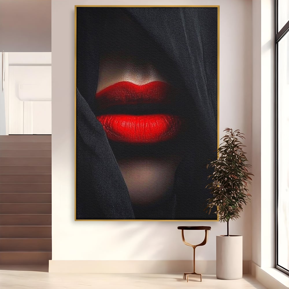 Tablou Canvas Premium, LuxCanva® P1027, Voalul Seductiei, Buze, Ruj, Rosu, Atractie, Pasional, Femeie, Mister, Sarut, Sexy, Dormitor, Living