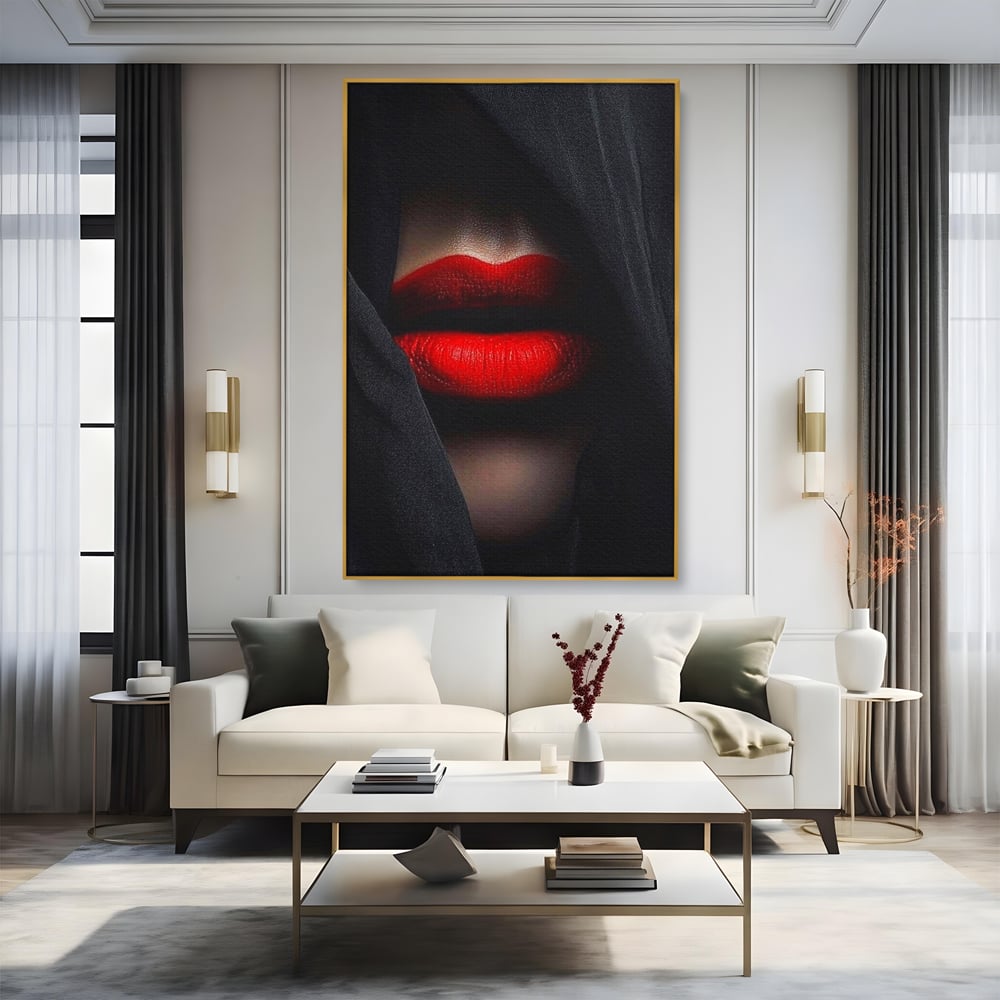 Tablou Canvas Premium, LuxCanva® P1027, Voalul Seductiei, Buze, Ruj, Rosu, Atractie, Pasional, Femeie, Mister, Sarut, Sexy, Dormitor, Living