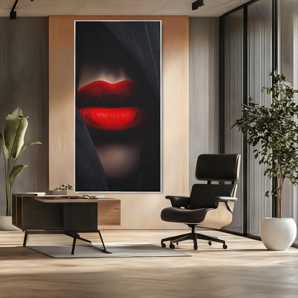 Tablou Canvas Premium, LuxCanva® P1027, Voalul Seductiei, Buze, Ruj, Rosu, Atractie, Pasional, Femeie, Mister, Sarut, Sexy, Dormitor, Living