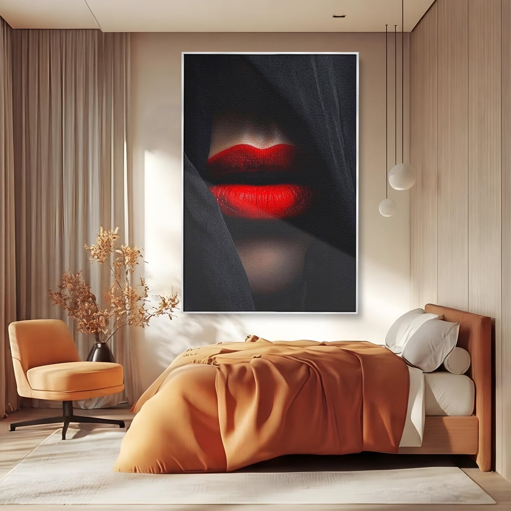 Tablou Canvas Premium, LuxCanva® P1027, Voalul Seductiei, Buze, Ruj, Rosu, Atractie, Pasional, Femeie, Mister, Sarut, Sexy, Dormitor, Living