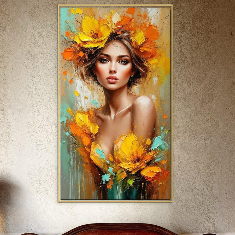 Tablou Canvas Premium LuxCanva®, "Flacara Frumusetii", prezintă un portret poetic al unei femei cu flori galbene și portocalii vii, adăugând feminitate sublimă și farmec oricărui perete de dormitor sau cameră de zi.