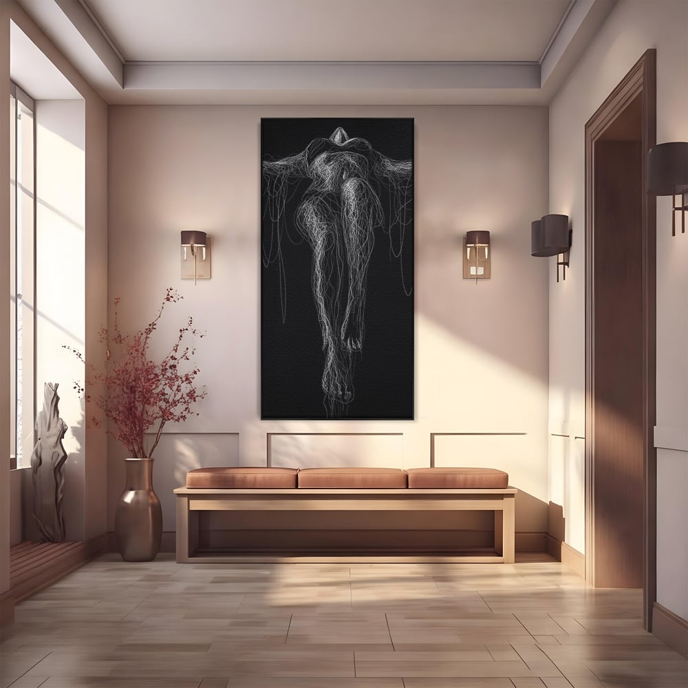 Leinwand Premium Canvas Wandkunst, LuxCanva® P1033, Himmelfahrt des Körpers, Weiß, Schwarz, Linien, Abstrakt, Abstrakt, Frau, Silhouette, Sexy, Silhouette, Umriss, Umriss, künstlerisch, Schlafzimmer, Wohnzimmer