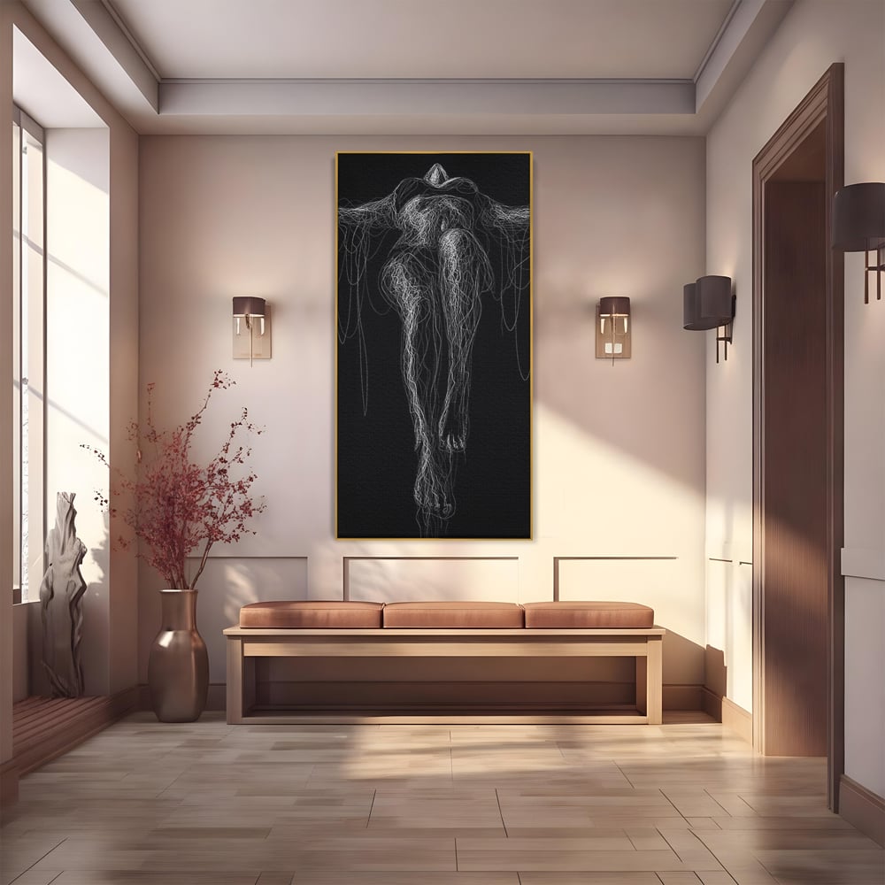 Leinwand Premium Canvas Wandkunst, LuxCanva® P1033, Himmelfahrt des Körpers, Weiß, Schwarz, Linien, Abstrakt, Abstrakt, Frau, Silhouette, Sexy, Silhouette, Umriss, Umriss, künstlerisch, Schlafzimmer, Wohnzimmer