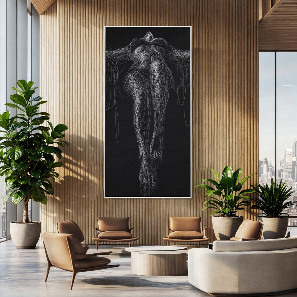 Leinwand Premium Canvas Wandkunst, LuxCanva® P1033, Himmelfahrt des Körpers, Weiß, Schwarz, Linien, Abstrakt, Abstrakt, Frau, Silhouette, Sexy, Silhouette, Umriss, Umriss, künstlerisch, Schlafzimmer, Wohnzimmer