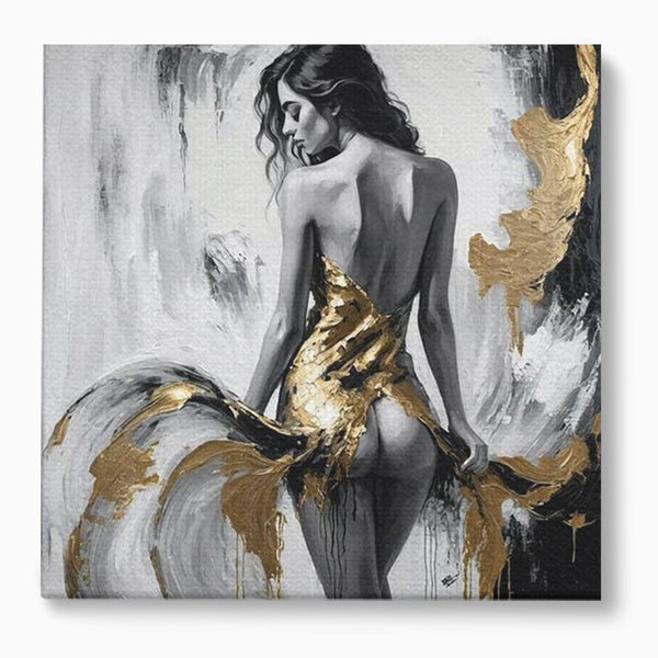 Leinwand Premium Canvas Wandkunst, LuxCanva® P1034, Leidenschaftliche Wende, Gold, Weiblich, Sexy, Silhouette, Silhouette, Körper, Elegant, Verführerisch, Weiß, Schwarz, Schlafzimmer, Wohnzimmer